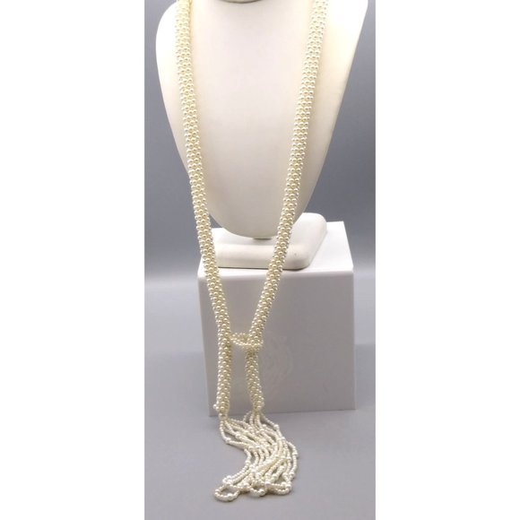 Crocheted Seed Pearls Rope Lariat, Elegant Flapper Sautoir, Classy Vintage - Picture 3 of 5